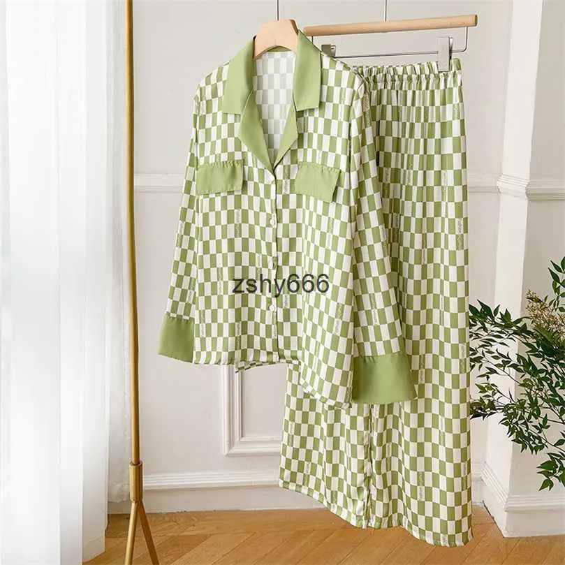 Kvinnor Sleepwear Green Plaid Fashion Pyjamas 2 Piece PJS Set Satin Silk Long Pyjamas Summer Autumn Loungewear Home Wear 220902