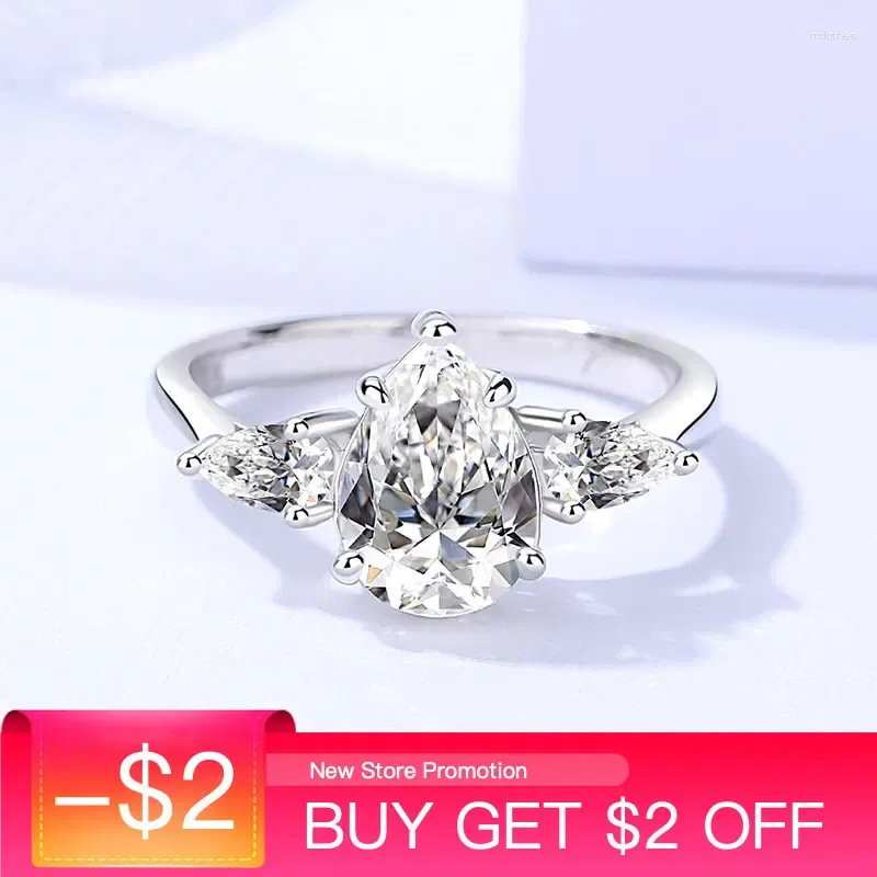 Cluster Rings 2ct Pear Cut Moissanite Ring S925 Sterling Silver Three-stone Design Teardrop Shape Women Elegant Wedding Engagement