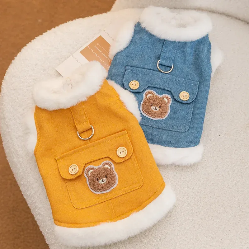 Jackets Pet Dog Desse Velvet Warm Sunday Angora Garens Jassen voor honden kleding kat Kleine beren borduurwerk schattig winterjongen mode blauw