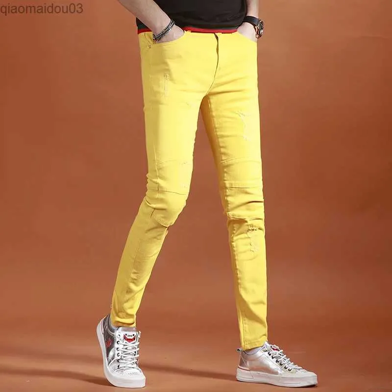 Jeans masculinos Jeans Amarelo Mens moda Slim Fit Pants reto roupas de rua de verão Tremepersl 2404