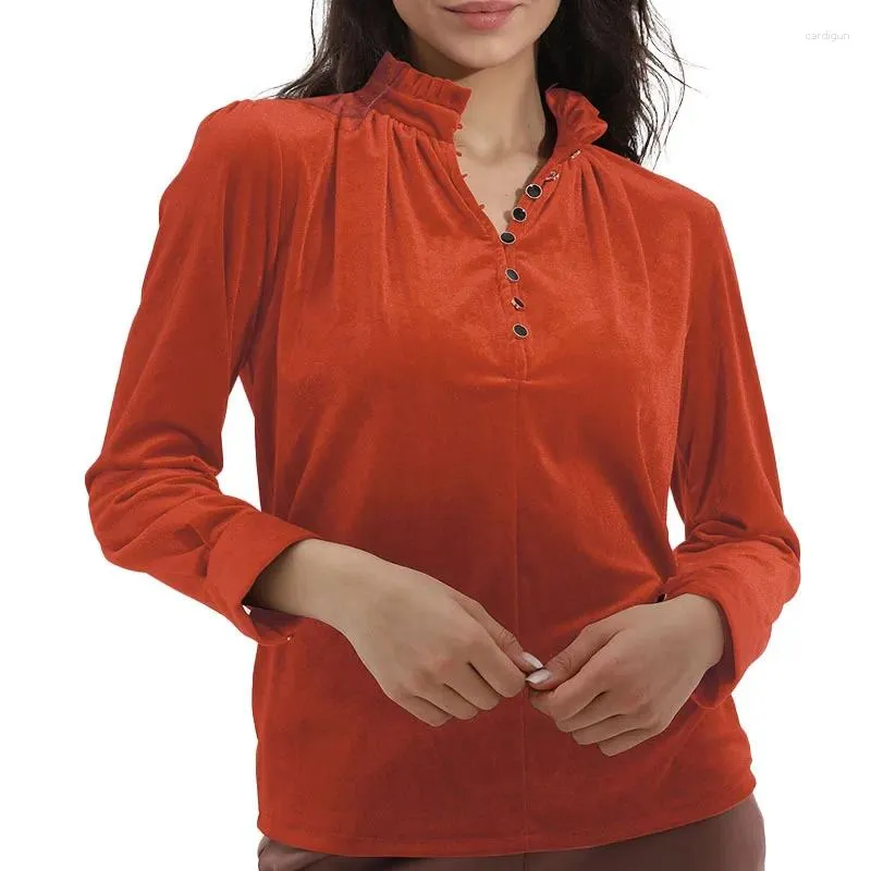 Damesblouses shirt 2024 Herfst/winter sexy v-neck gouden fluweel vaste mouw solide knop