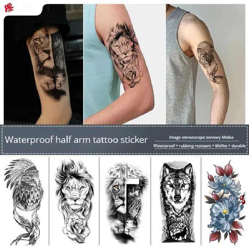 Tattoo Transfer Small Full Arm Animal Tiger Wolf Tattoo Sticker Half Arm Waterproof Hållbara svartvita tillfälliga tatueringar Tatto 210*114mm 240427