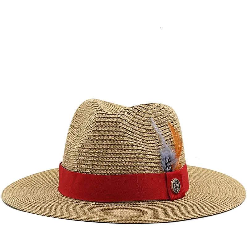 ナチュラルパナマソフト型麦わら帽子夏の女性/男性ワイドブリムビーチサンキャップUV保護Fedora Cowboy Straw Hat 240423