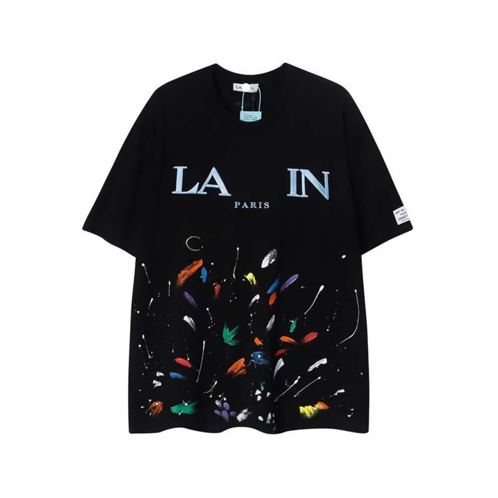 Designer luxunhão lanvins clássico pintado à mão pintado de graffiti bordado de tinta de tinta solta pescoço redondo de manga curta Homens versáteis e camisetas de casal feminino marca de moda