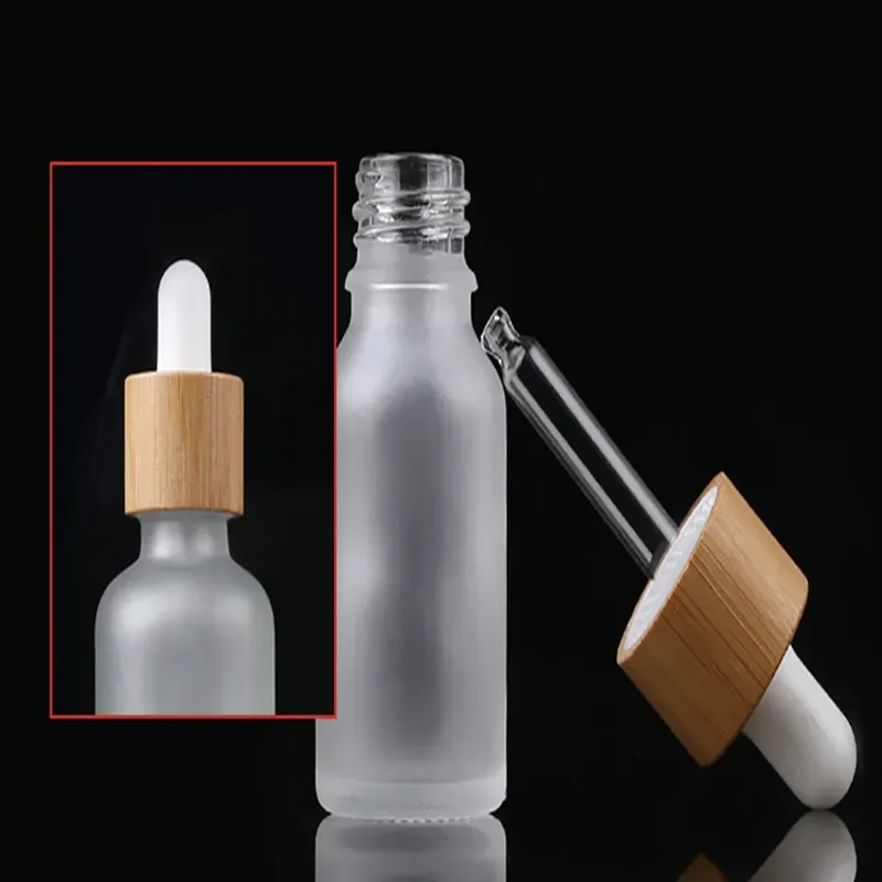 10ml 15ml 20ml 30ml Frosted Clear Glass Dropper Bottle with Bamboo Lid Cap Essential Oil Glass Bottle Frosted Green F302