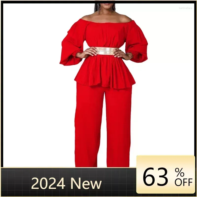 Etniska kläder 2024 Summer Elegant Off Shoulder Women Pant Set Long Lantern Sleeve Tunic Tops and Wide Ben Pants Casual Suits 2sts