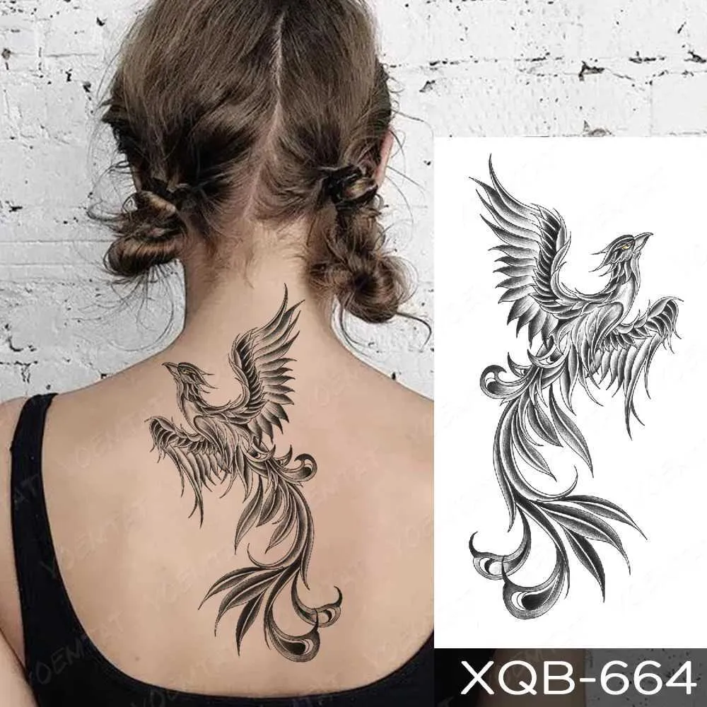 QTK1 Tattoo Transfer Tatto Prackored Tattoo Tattoo Sticker Black Chinese Phoenix Dragon Women Men Feather Sun Flash Tattoos Arm Art Art Tatoo 240427