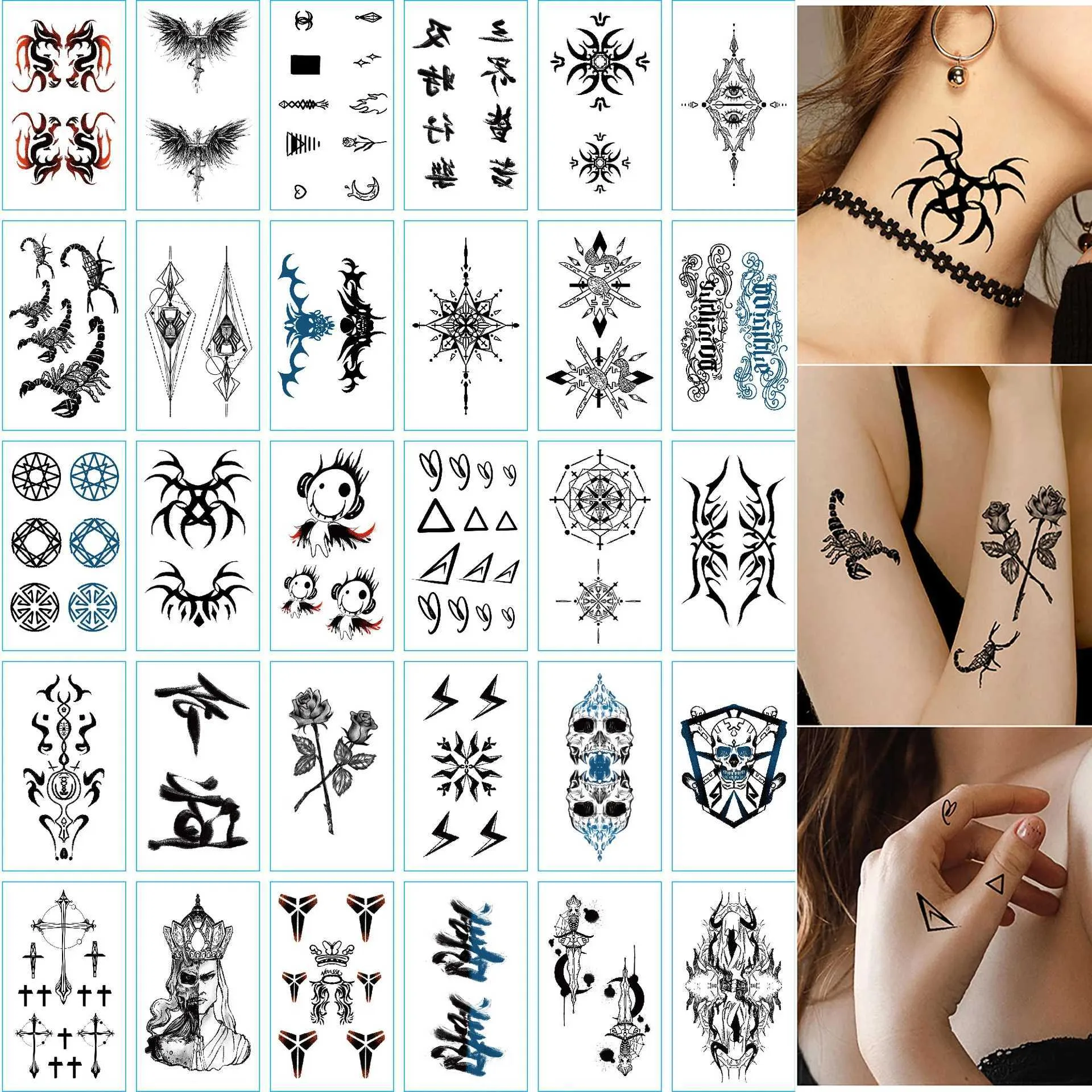 Tatueringsöverföring 30-kassor Tillfällig tatuering klistermärken Black kinesiska karaktärer Skullmönster falsk tatuering klistermärke vattentät varar 2-5 dagar 240426