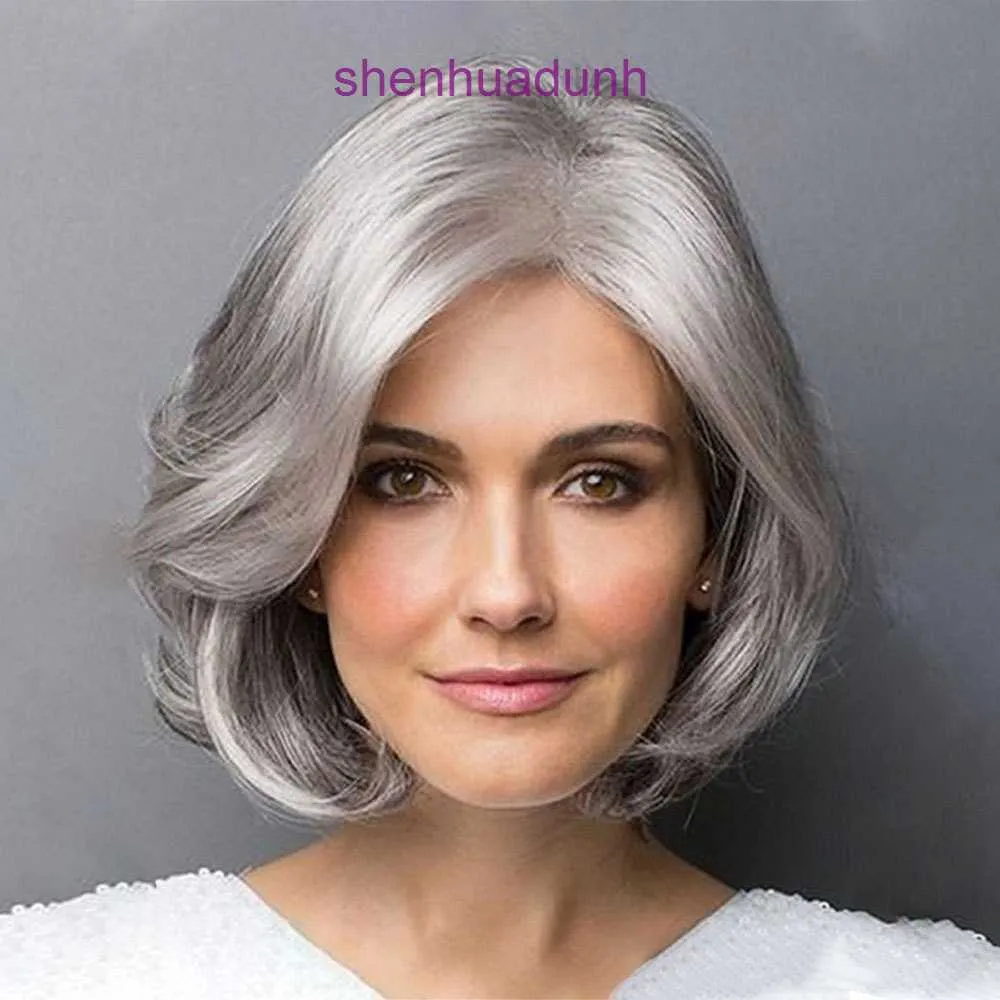 Peluca para mujeres de mediana edad y ancianos sintéticos cajas cortas y rizadas abuelas grises de plata
