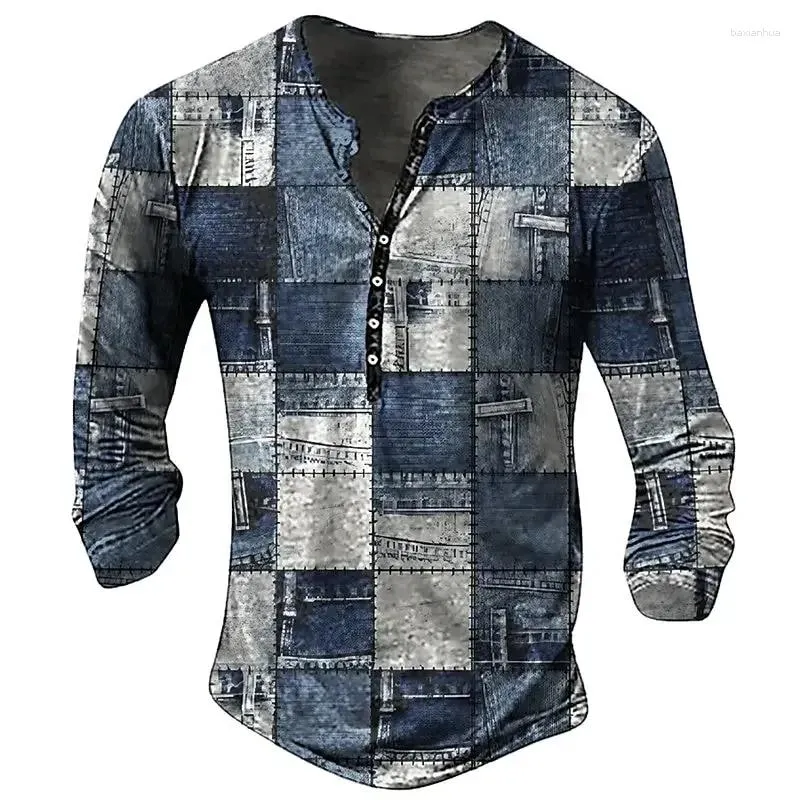 Men's Suits A1276 T-shirt Graphic T Shirts Cotton Tees Geometic Line 3D Printed Long Sleeve Henley Shirt Oversized Men Clothing Tops