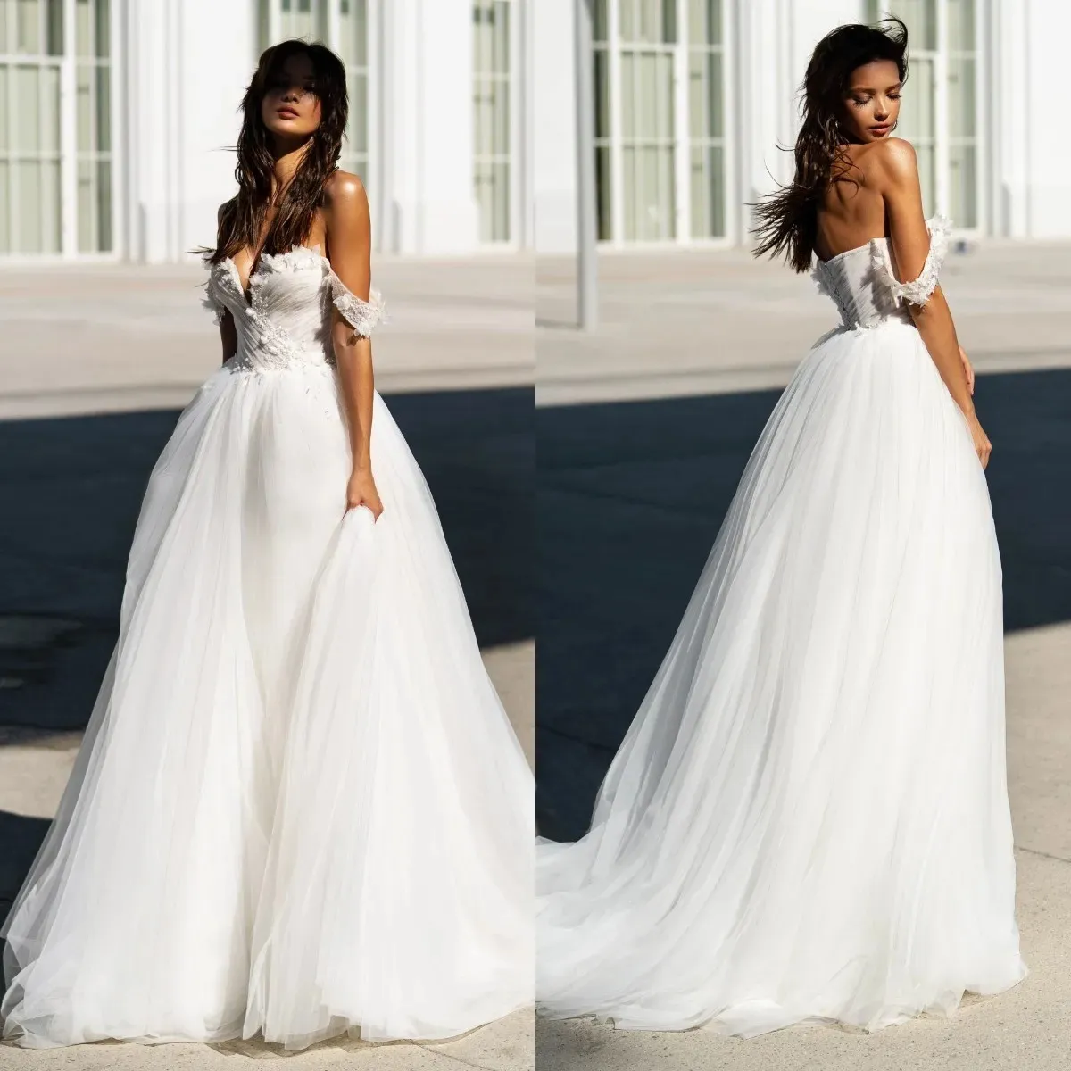 Elegant applicerad 2024 bröllopsklänningar som pärlar en linje strand brudklänningar tyll brud klänning vestidos de novia