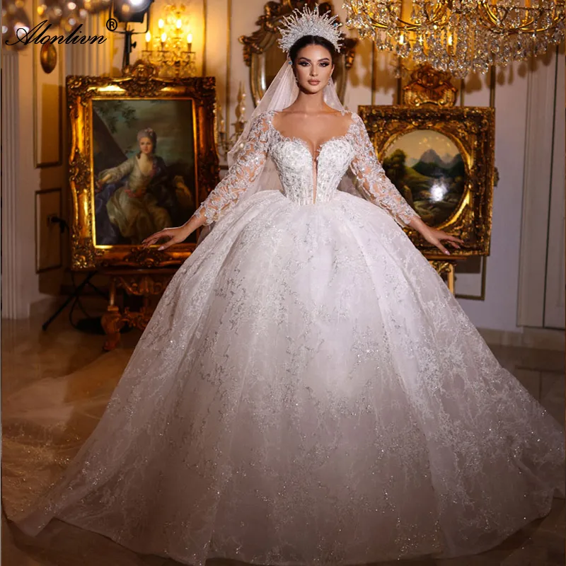 Lace Ball Gown Wedding Dress with Illusion Neck and Long Sleeves  Embroidered with Crystal Beads and Multi-layered Lace