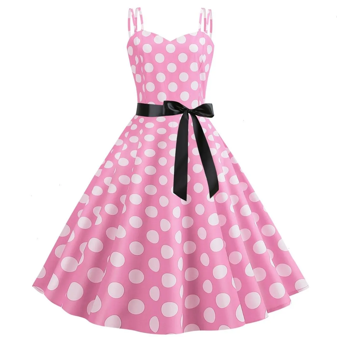 Sommar retro kvinnors sexiga dubbelband backless polka dot tryckte en linjeklänning