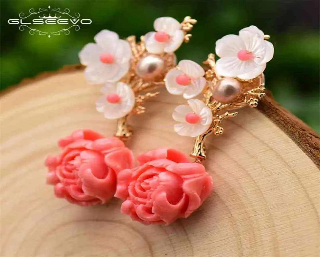 GLSEEVO REAL 925 Sterling Silver Pink Coral Drop Earrings White Pearl Natural Stone Shell Flower Dangle GE0024 2106246240624