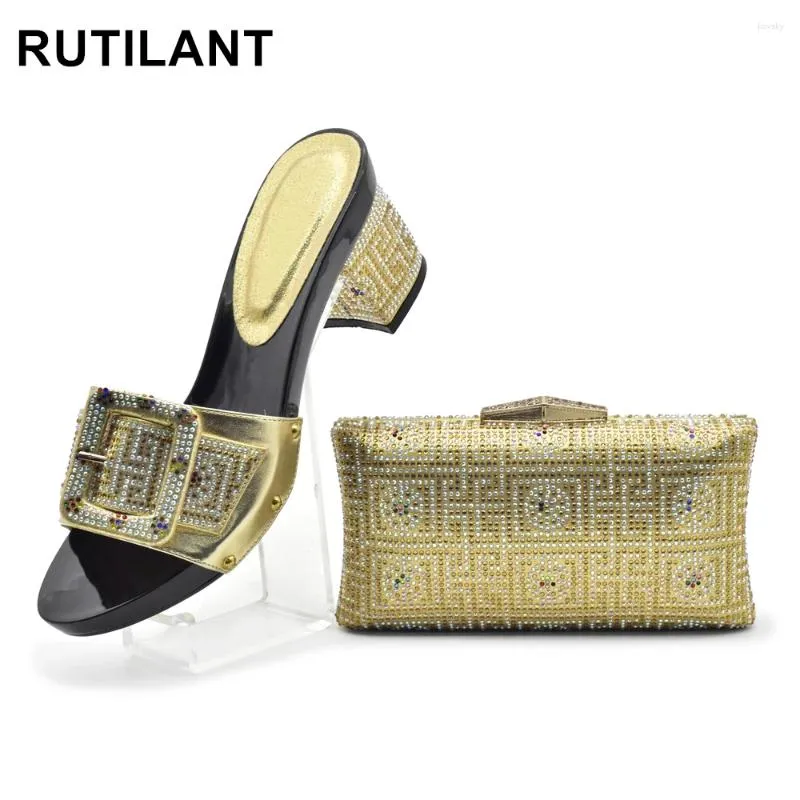 Dress Shoes Latest Gold Color Italian And Bags To Match Shoe With Bag Set Decorated Rhinestone Nigerian Women Party