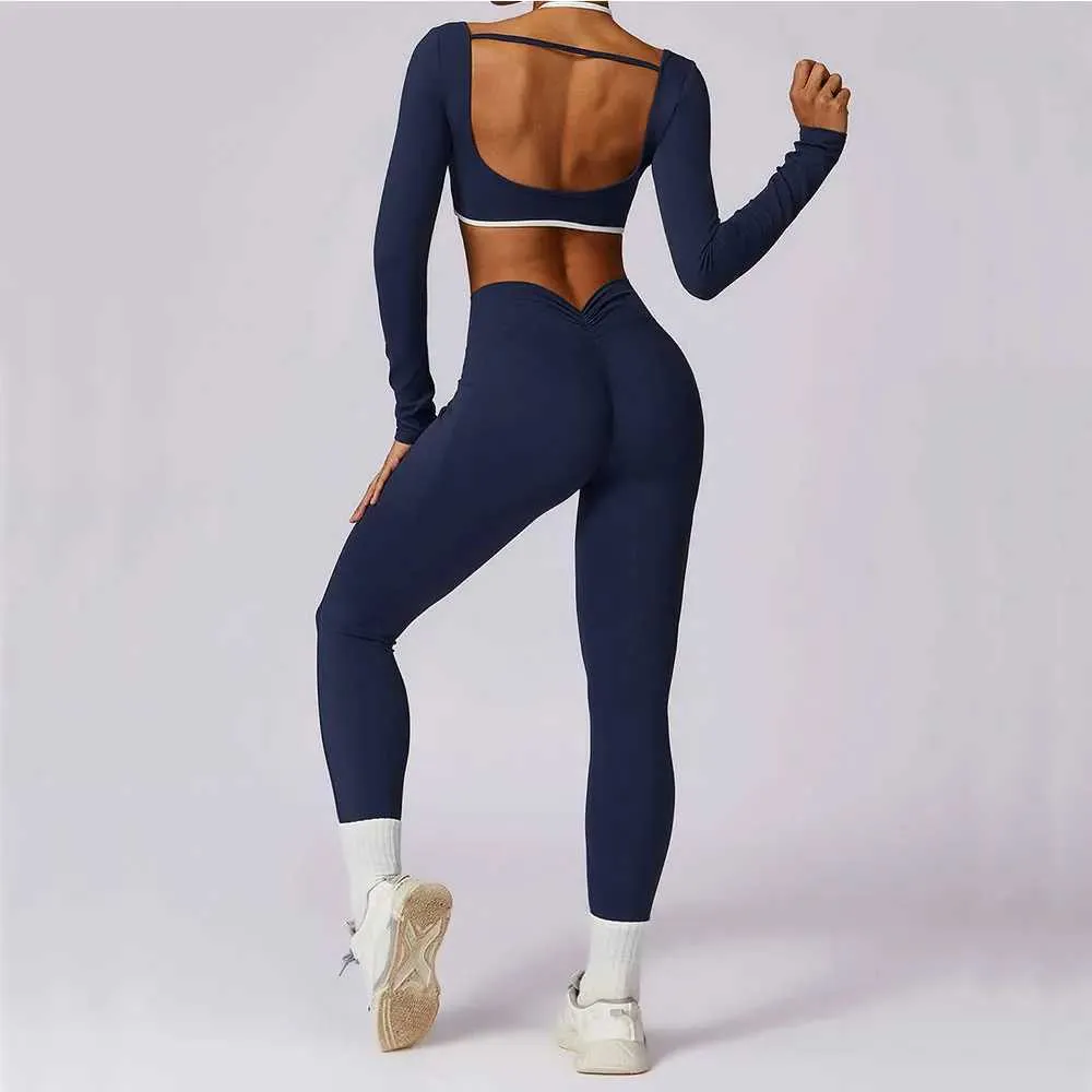 Women's Tracksuits Womens track and field suit yoga set 2PCS sportswear gym workout suit long sleeved gym cut top waist fitness bra sportswear 240424