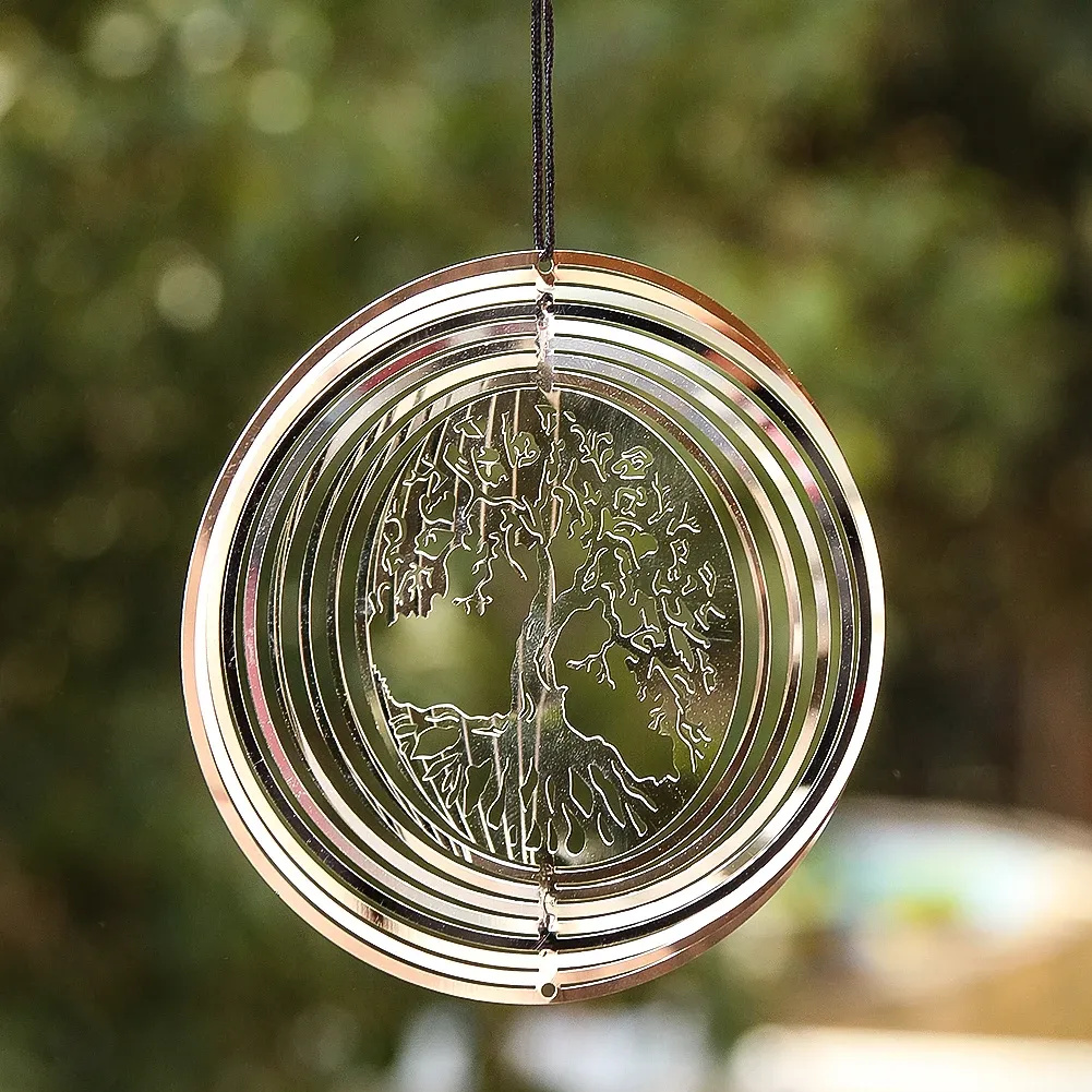 Dekorationer Tree of Life Wind Spinner Catcher 3D Roterande Pendant Flowinglight Effect Mirror Reflektion Design Garden Outdoor Hanging Decor