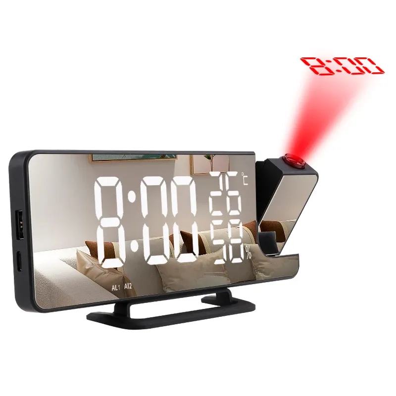 Klockor LED Digital Mirror Projection Alarm Clock Home FM Radio Thermometer Hygrometer USB Wake Up Watch 180 ° Projector Time Snooze Gift