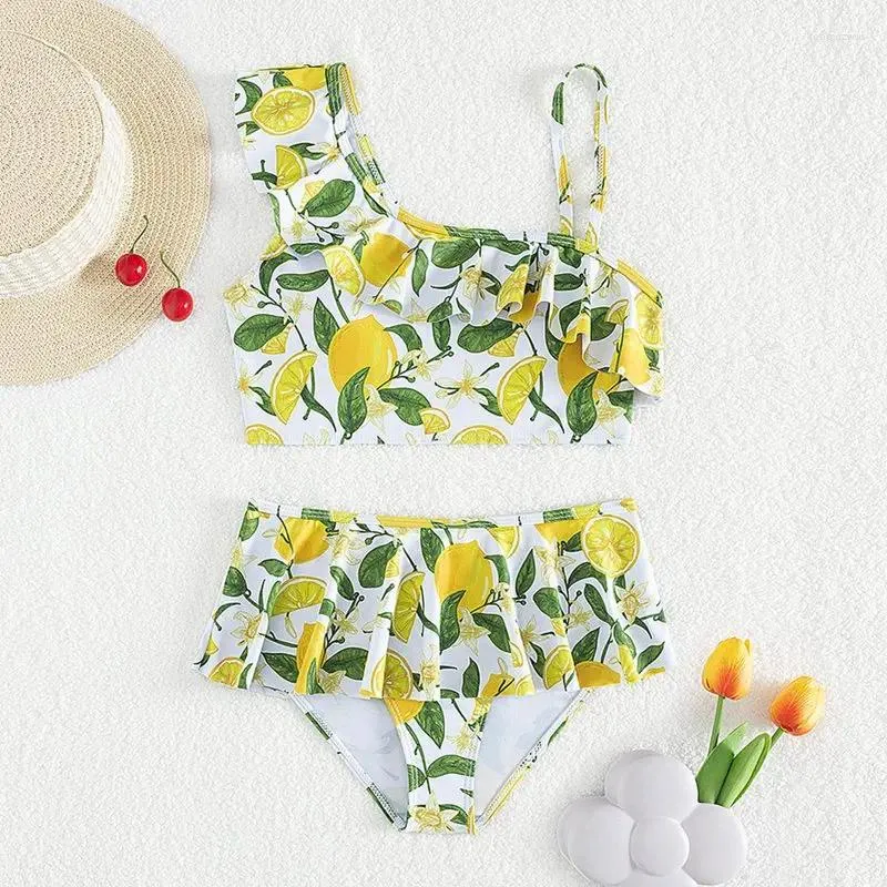 Clothing Sets Summer Girls Swimwear Two Pieces Oblique Shoulder Swimsuit Kids Floral Print Bikini Toddler Swimming Suit Set