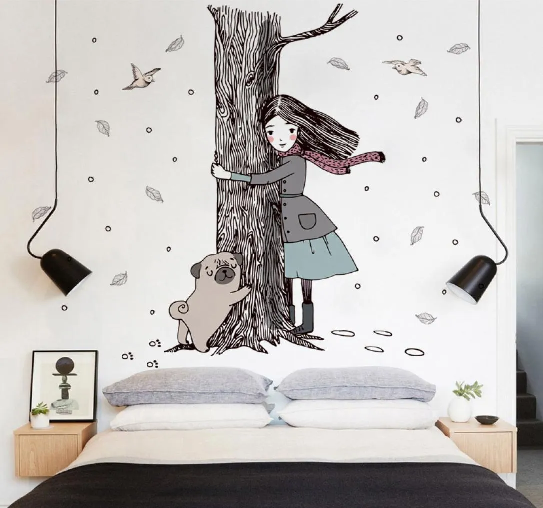 子供のための木の女の子の犬の壁のステッカーを保持する部屋の女の子の寝室の壁飾りデカールアートビニール壁紙家装飾7041960