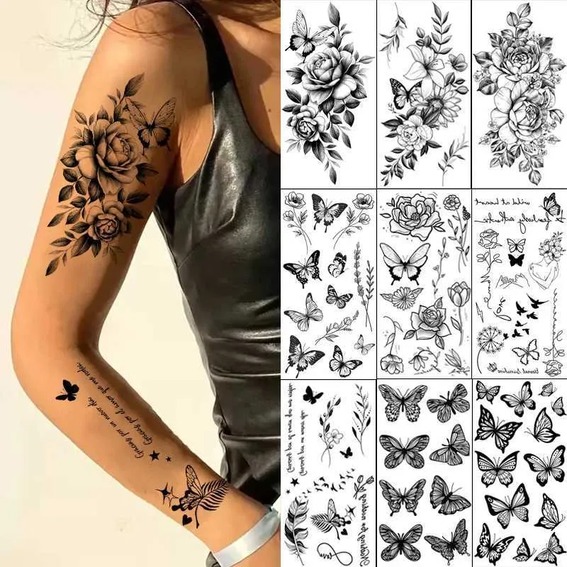 Trasferimento tatuaggio tatuaggio di fiore nero per tatuaggi temporanei impermeabili per le donne per donne farfalla fa falsa manica tatuaggio di tatuaggi 240426 240426
