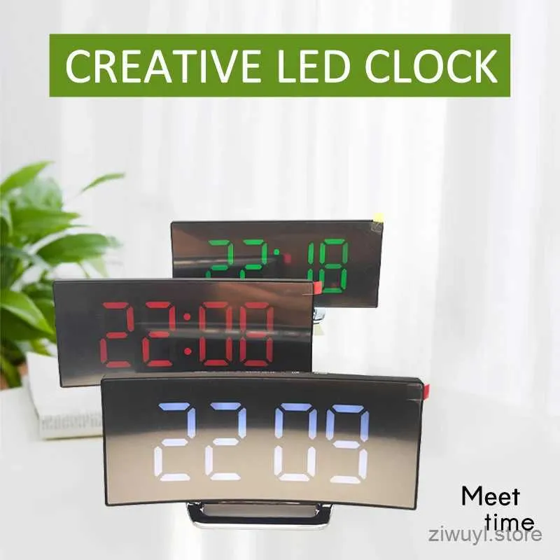 책상 테이블 시계 새로운 디지털 알람 시계 곡선 곡선 LED 화면 알람 시계 아이 침실 온도 스누즈 기능 책상 테이블 시계 홈 장식