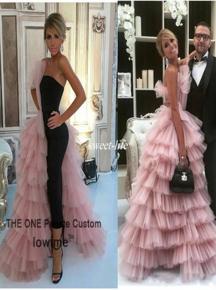 Uniek ontwerp zwarte rechte prom jurk 2019 couture roze tule gelaagde lange avondjurken formeel vrouwen feest slijtage maxi jurk4401680