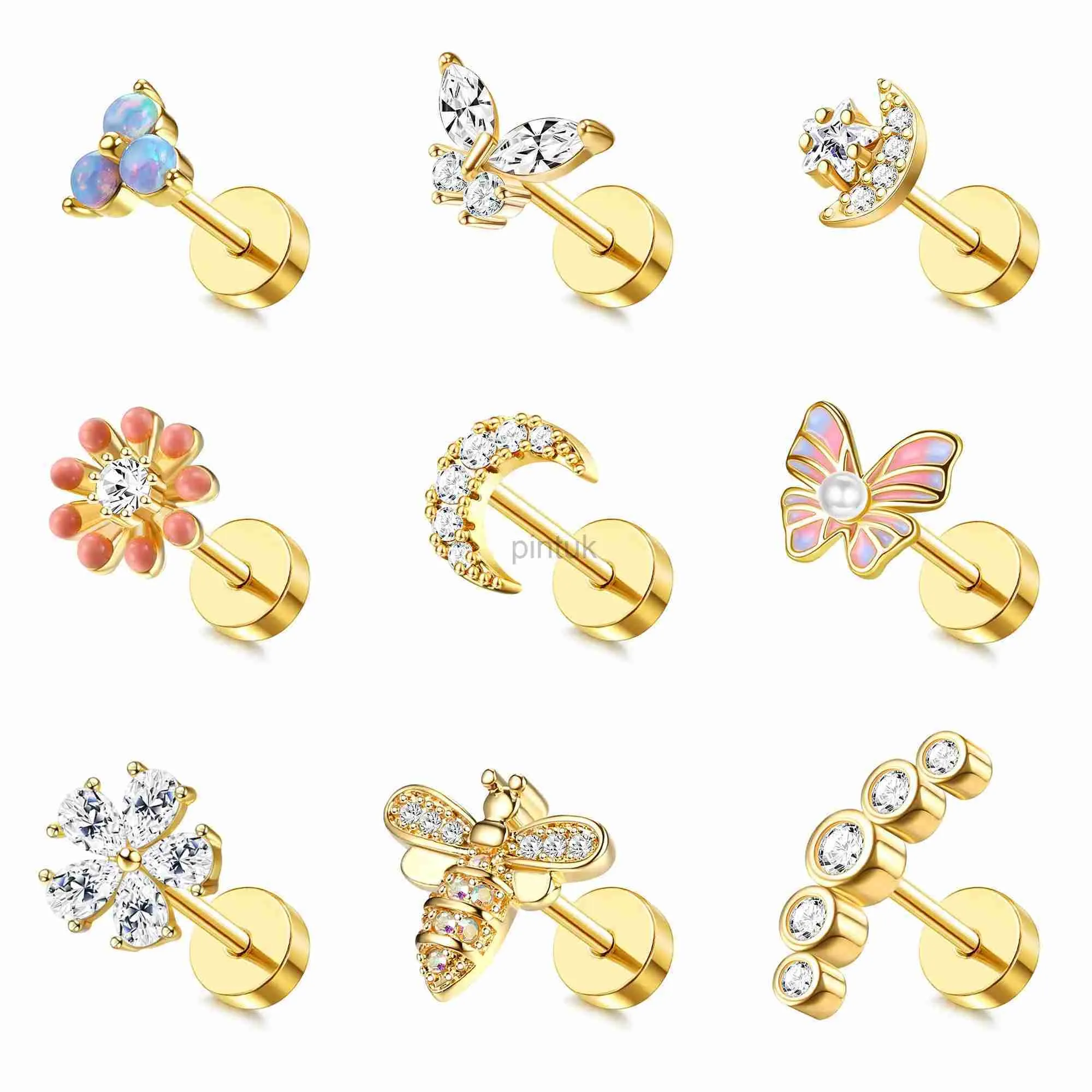 Stud Drperfect Cartilage Earrings Stud for Women Surgical Steel Flat Back Earring Opal Butterfly Flower Tragus Helix Piercing Jewelry d240426