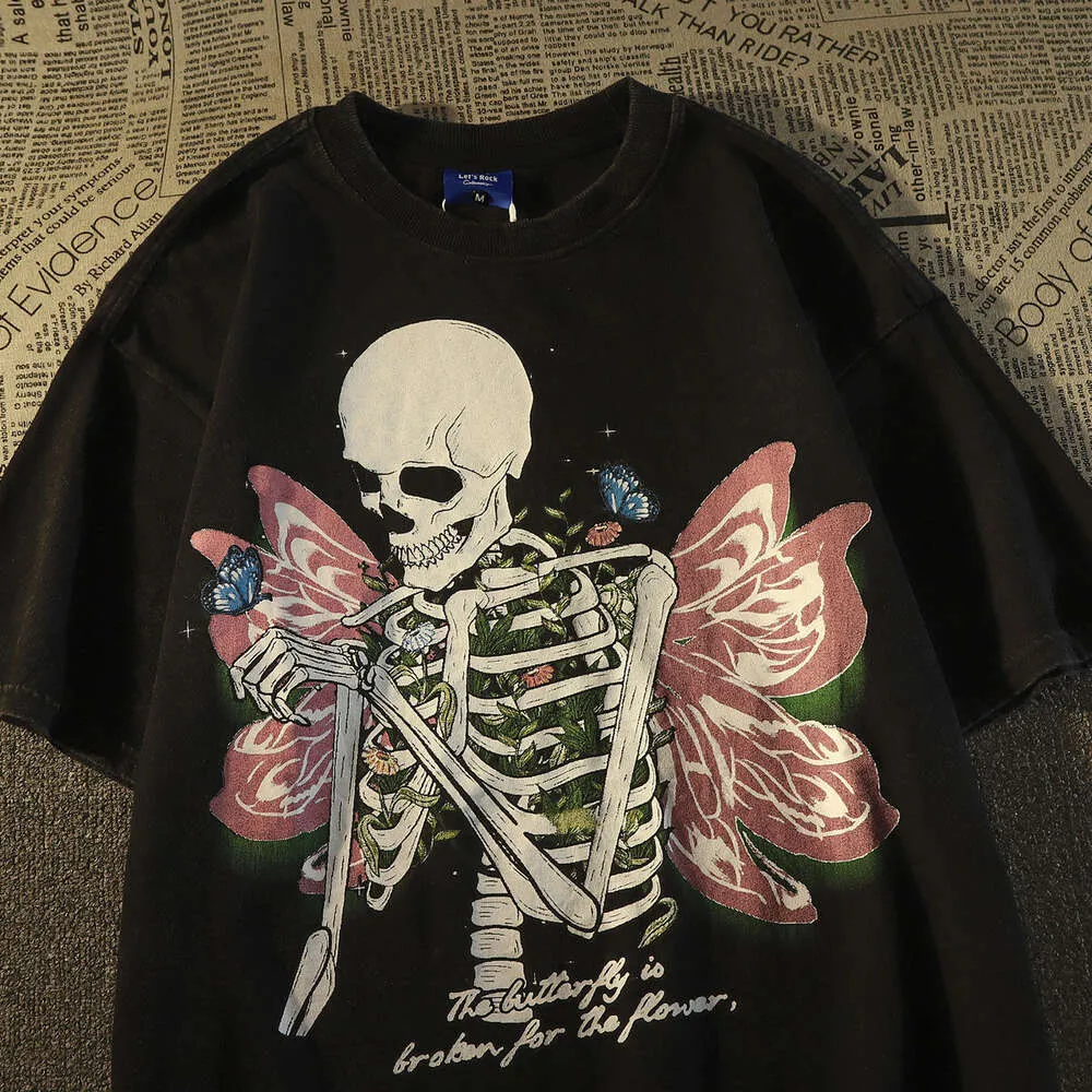 American Street Skull Butterfly Gedrukt Pure Cotton Short T-Shirt Brand Loose Men's and Women's Half Sheeved Top Instagram Trendy