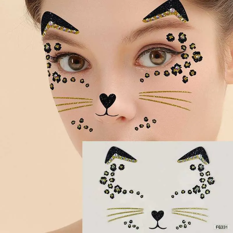 Tatuaż transfer 1pcs Śliczny kot 3D akrylowy rhinestone twarz naklejka maskarada impreza twarz dekoracja makijażu Tymczasowe tatuaż malowanie twarzy Dekale 240426
