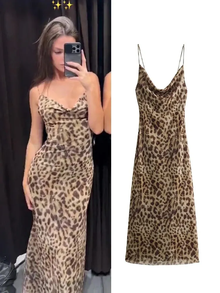 Leopard Print Sling Maxi Dress for Women 2024 Summer Elegant Rygglöst ärmlös Slip Long Dress Female Sexy Party Vestidos 240412
