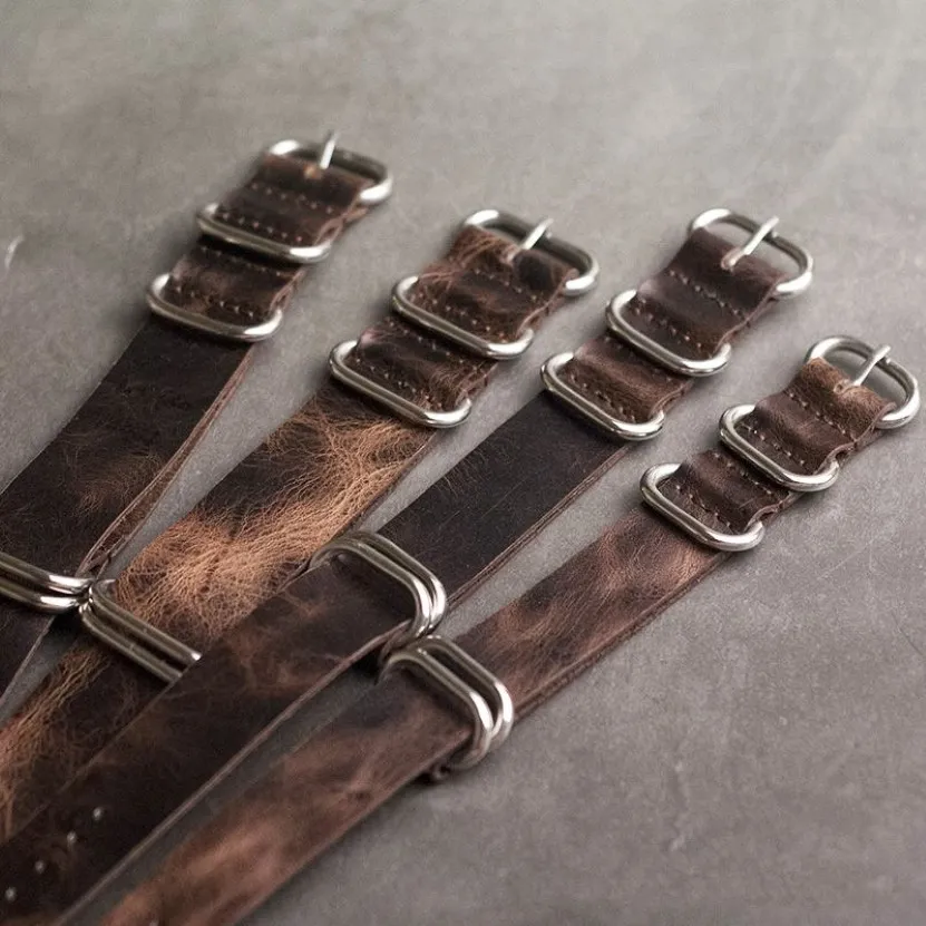 Onthelevel Leather Nato Strap 20mm 22mm 24mm Zulu Strap Vintage First Layer Cow Leather Watch Band med Five Rings Buckle #E CJ191269S