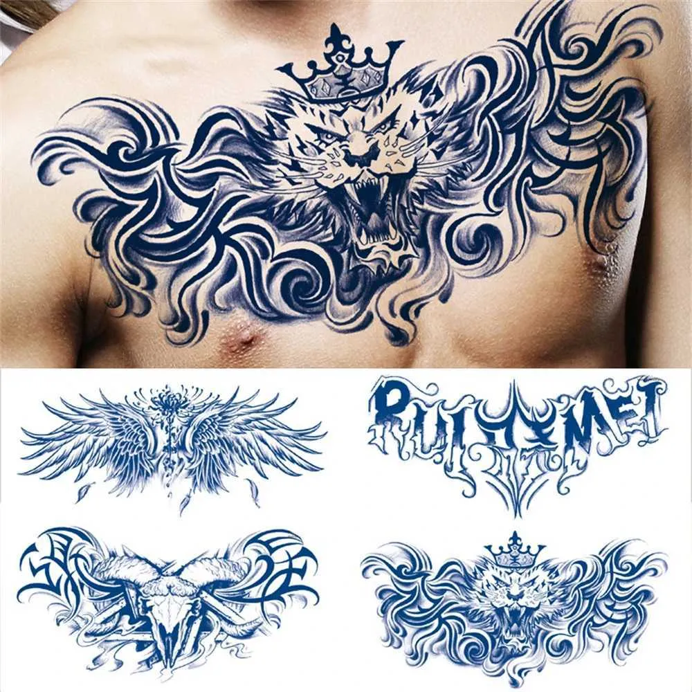 Tattoo Transfer Waterproof Temporary Tattoo Sticker Wolf Crown Flash Tattoos Chest Body Art Juice Ink Long Lasting Arm Fake Sleeve Tattoo Women 240427