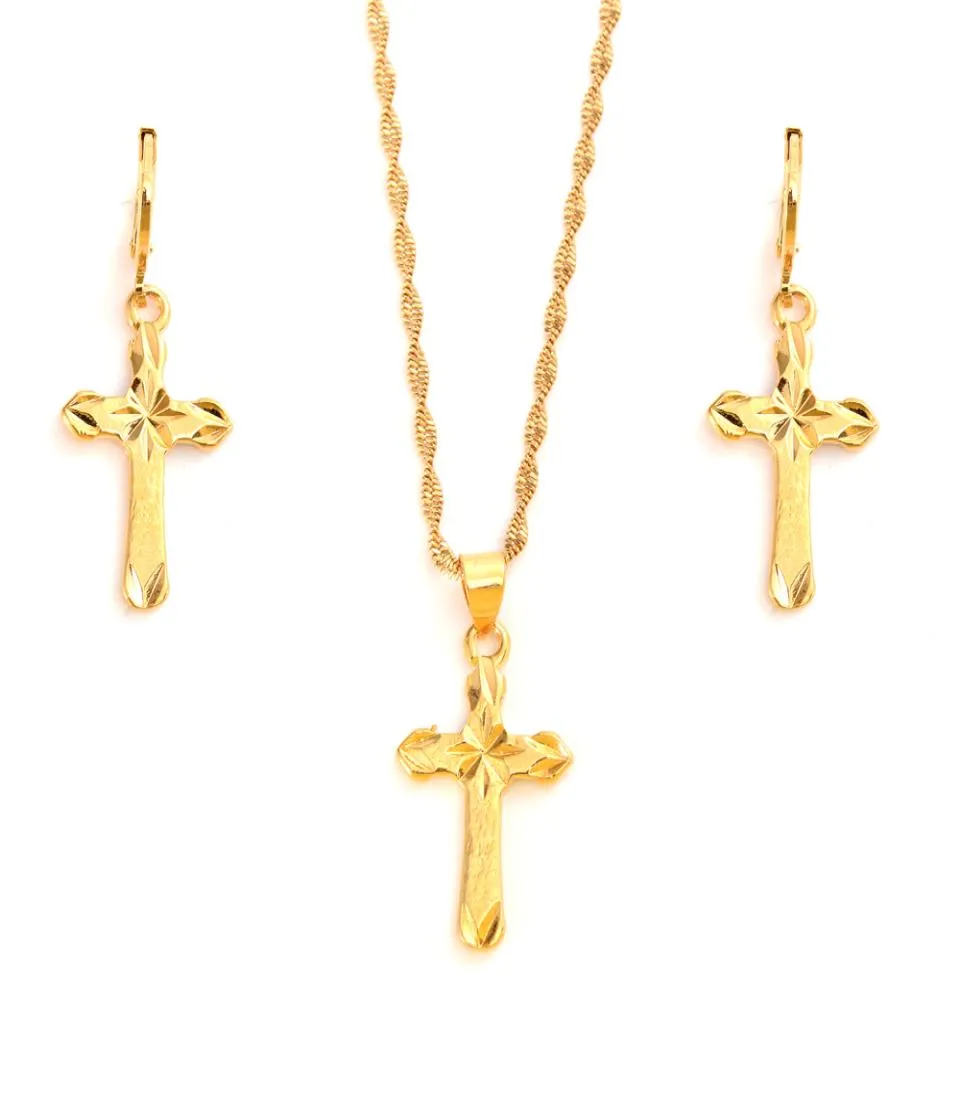 24 K Geel Fijn Gold GF Kleine mini belastingstempel Pendant Keten Hoorbellen Set Christelijke sieraden Sets Women Girl Jesus Gift3993790