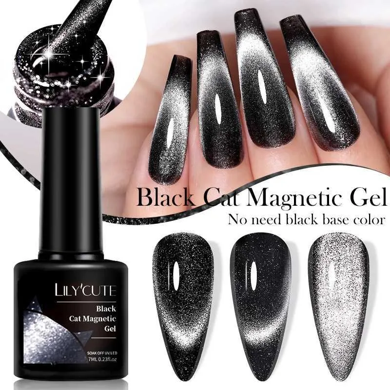 Vernis à ongles Lilycute 9d Black Crystal Cat Gel magnétique vernis à ongles Sparkling paillette caméléon semi-permanent trempé au large gel art nail varnis y240425