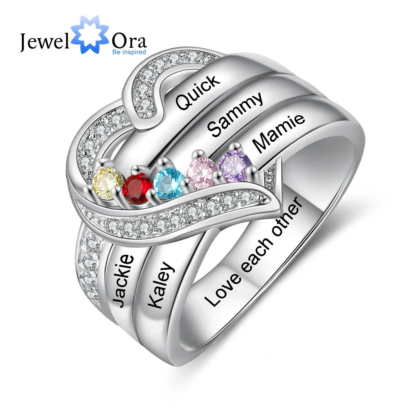 Eheringe 925 Sterling Sier Personalisiert 1-8 Name geschnitzter Ring mit Geburtstag Steinset Herz geeignet für Damen Muttertag Geschenk DHFRT