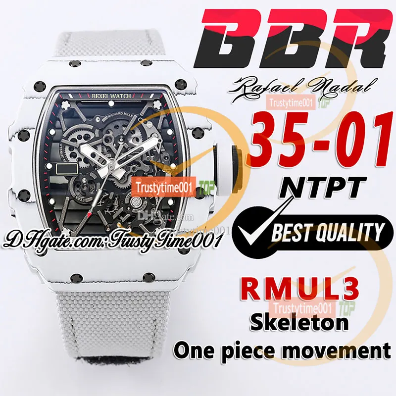 BBR 35-01 RMUL3 MEKANISK HANDVINNING MÄNS Titta på White Ntpt Carbon Fiber Case Skeleton Dial Grey Flätad nylonband Super Edition Sport TrustyTime001 Handsur