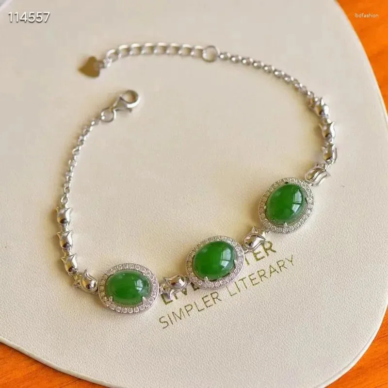 Bangle Natural Open 925 Sterling Silver Armband Inlaid Green Oval Hetian Jade Temperament Ladies Jewelles Bangles Ladies 'Gift