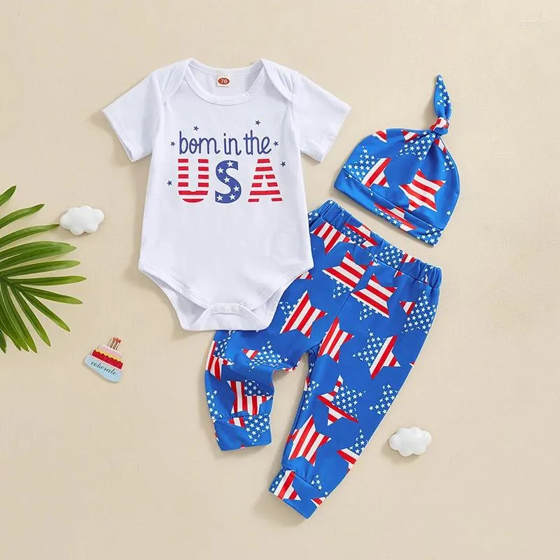 Clothing Sets Born Boy 4th Of July Outfits Baby Short Sleeve Romper Pants Hat 3Pcs Infant Independence Clothes Set