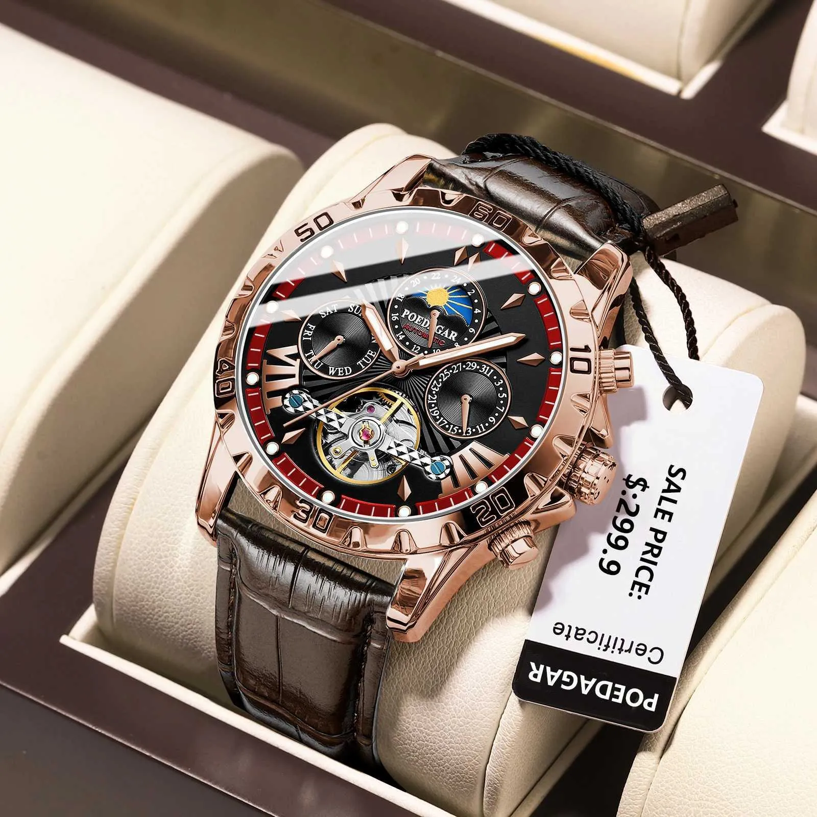 Нарученные часы Poedagar Автоматическое механическое турбиллинское запястье роскошь для мужчин Водонепроницаемое светящаяся дата