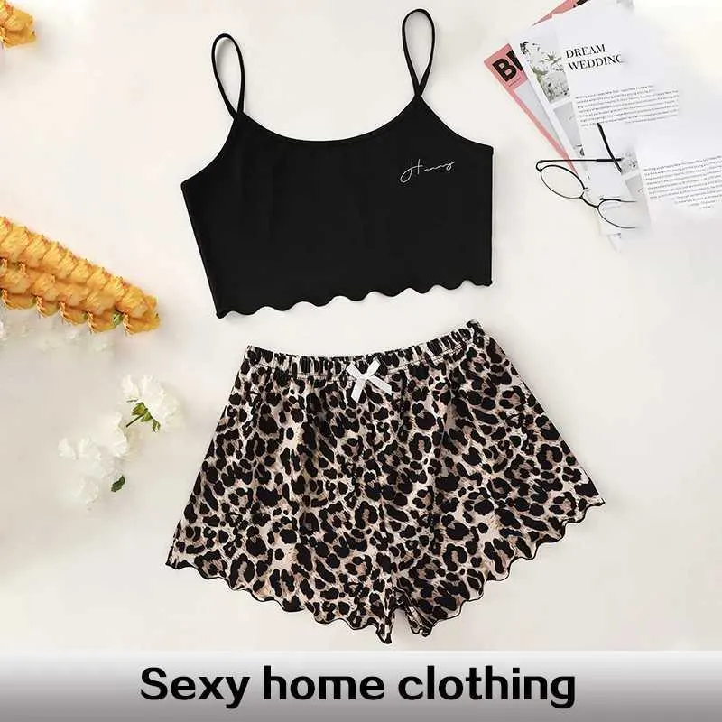 Velles pour femmes à la mode nouvelle lettre de camisole gilet jumelé avec un short à imprimé léopard