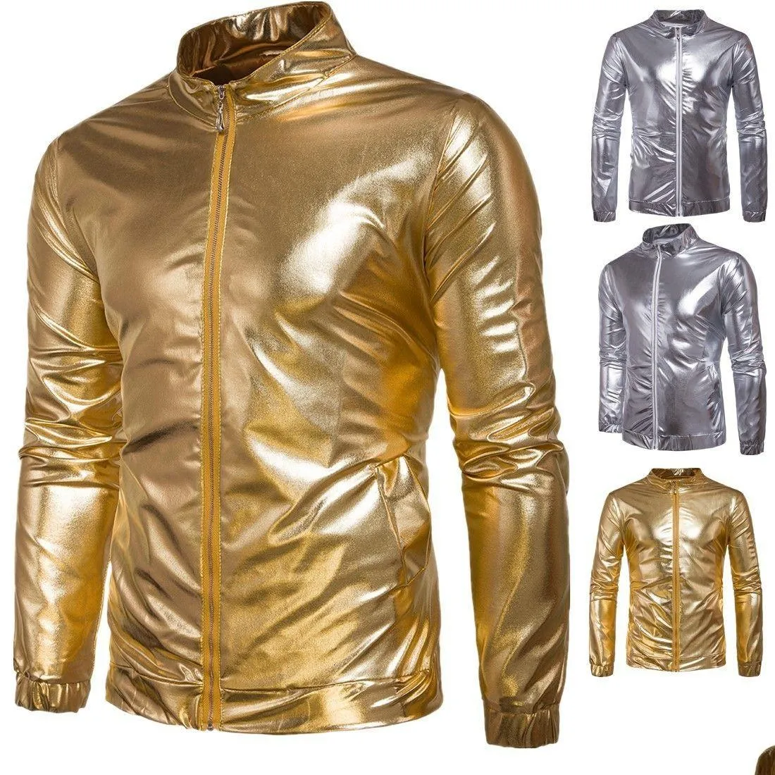 Herrjackor röd metallisk glitterbomber män kvinnor blixtlås front glänsande basebolljacka kappa scen dans prom halloween kostym 2xl d dhedf