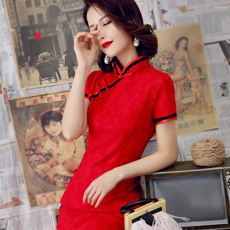 Casual Dresses Slim Cheongsam Thin Women Autumn Bodycon Button Floral Handmade spets tryckt klassiskt mode