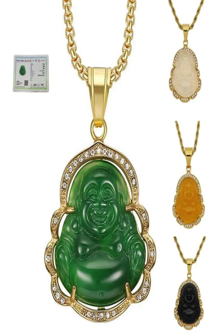 Green Jade Jewelry Laughing Buddha Pendant Chain Necklace For Women Stainless Steel 18k Gold Plated Amulet Accessories Mothers Day4292322