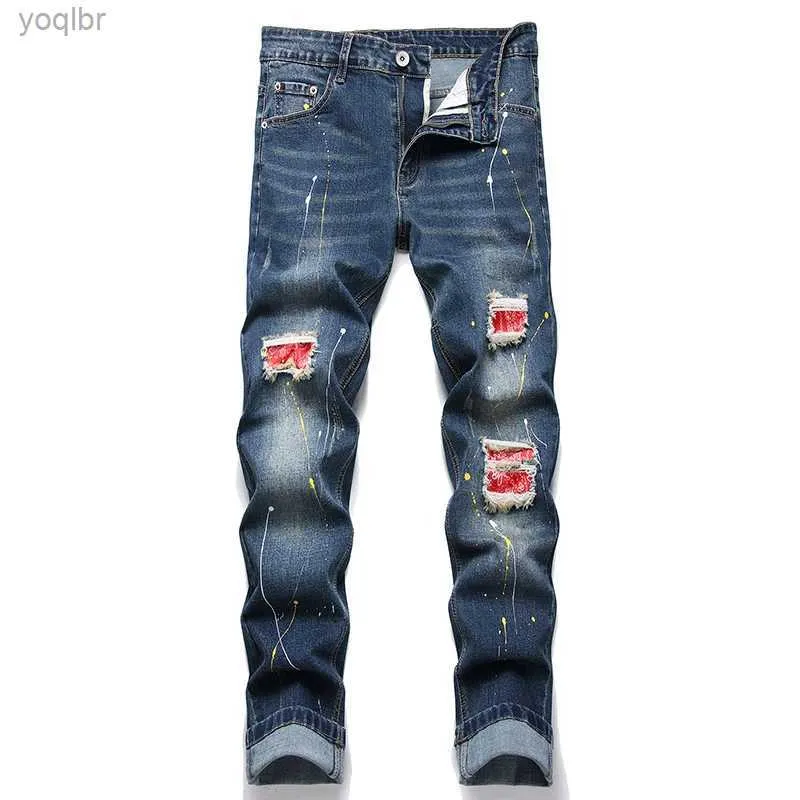 Mäns jeans 2024 Nya retro tårar jeans män tvättar blå elastisk ultratunna denim byxor patch mode färg prickar hip hop mens trusersl244