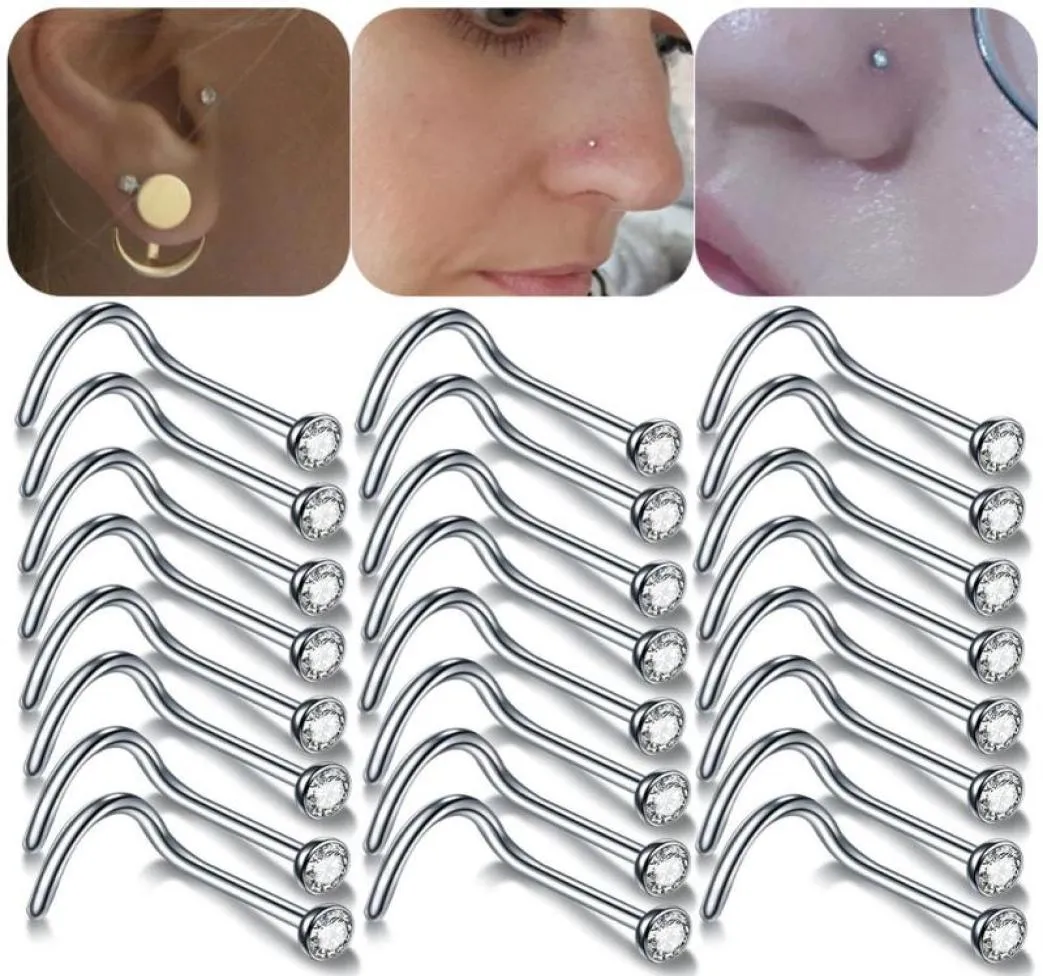 100pcslot 20g 18g Piercings de nariz de cristal Piercing nariz prudente Percurando Nez Aço inoxidável Ringos de nariz perfurando jóias Nariz1022243