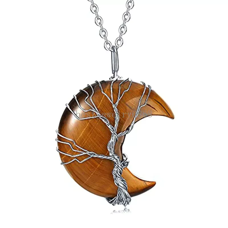 Arbre de vie en emballé en emballé croissant collier pendentif reiki guérison collariques en pierre cristalline naturelle amethyst tigre eye quartz bijoux pour les femmes