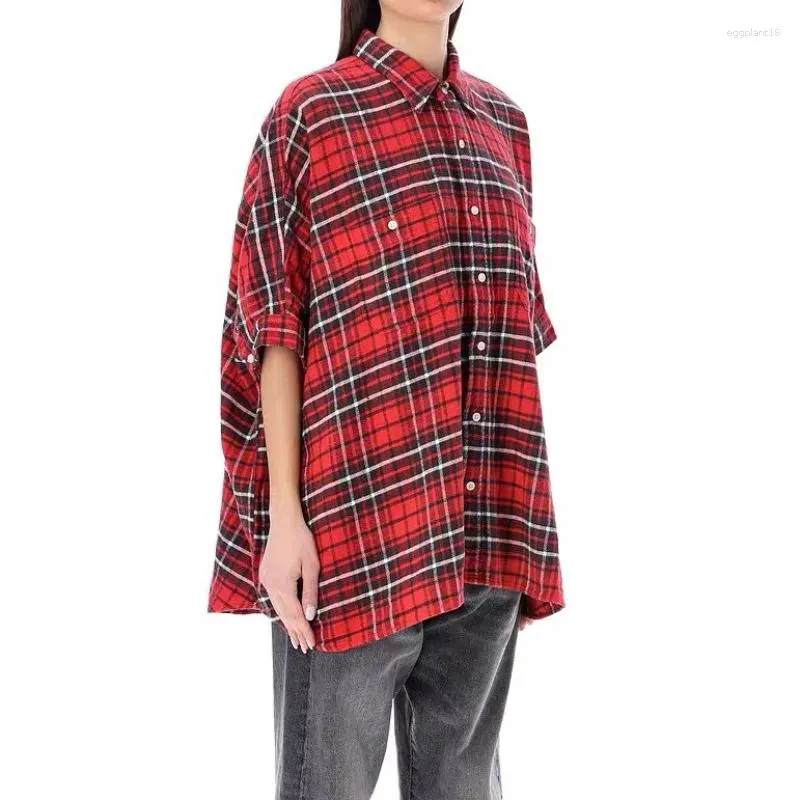 Bluzki damskie 2024 Summer bawełniane bawełniane bawełniane bluzka Red Plaid Loose Shirt Bluzka