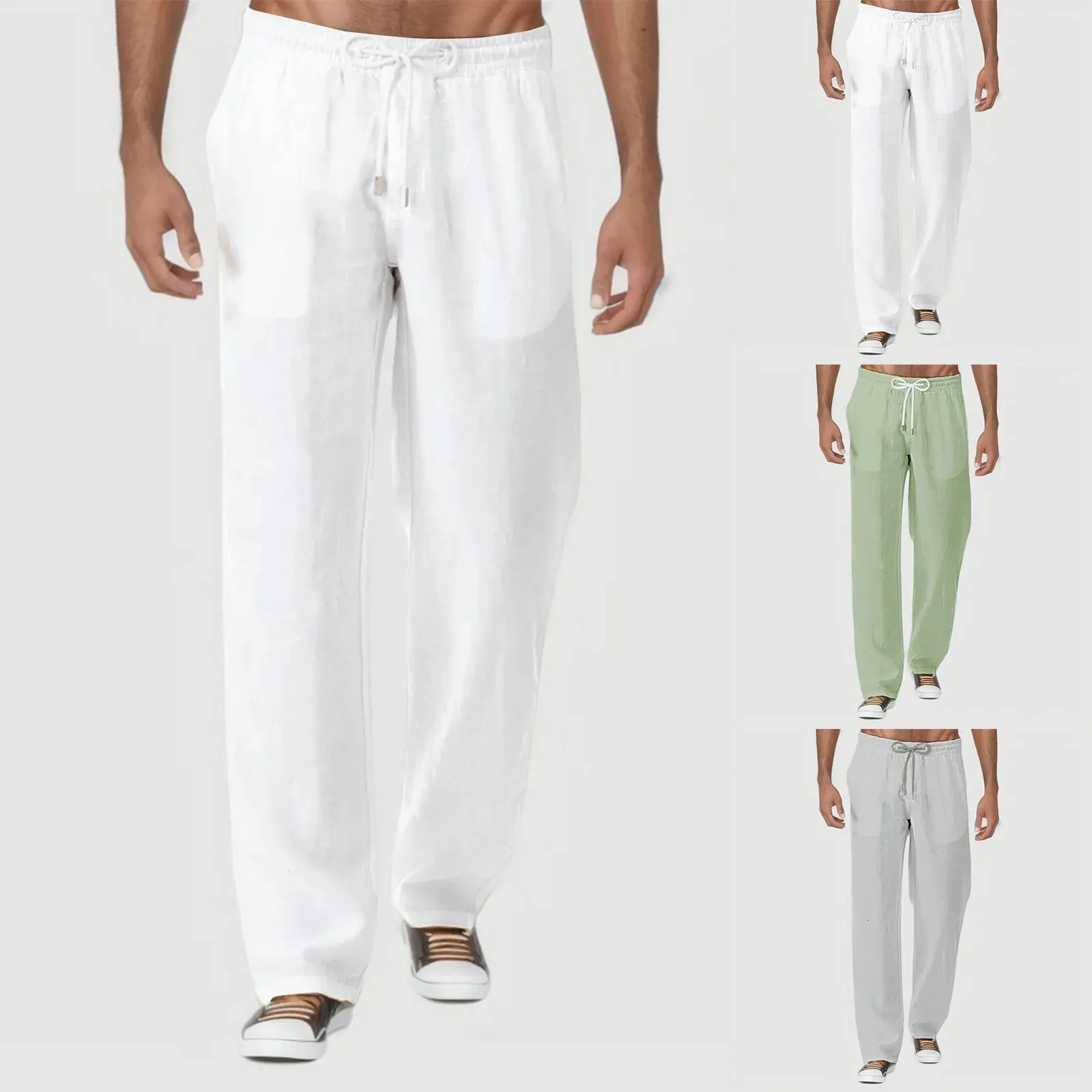 Calça de moda casual mass de verão calças de poliéster de algodão natural da cintura elástica de poliéster branco
