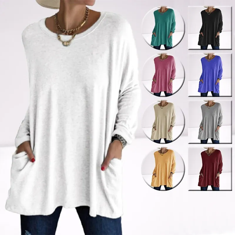 Solid Color Vintage Pocket Overized Tshirt Female Clothing Fashion Autumn Tunics Basic Y2K Top Women Long Sleeve T Shirt 240422